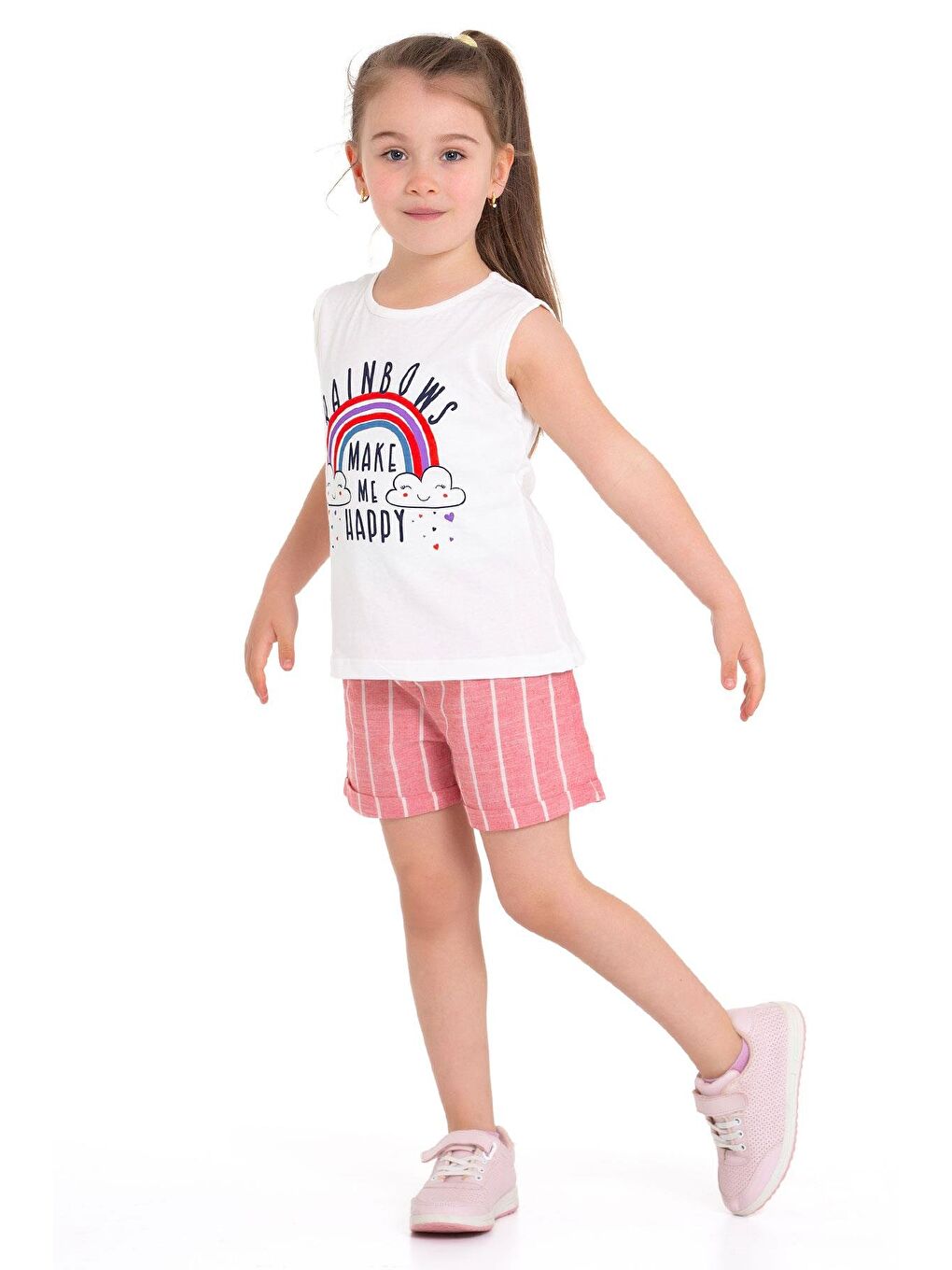 Lila Sıfır Kol Baskılı Çizgili Ekru Kırmızı Renk Kız Çocuk Şortlu Takım-1