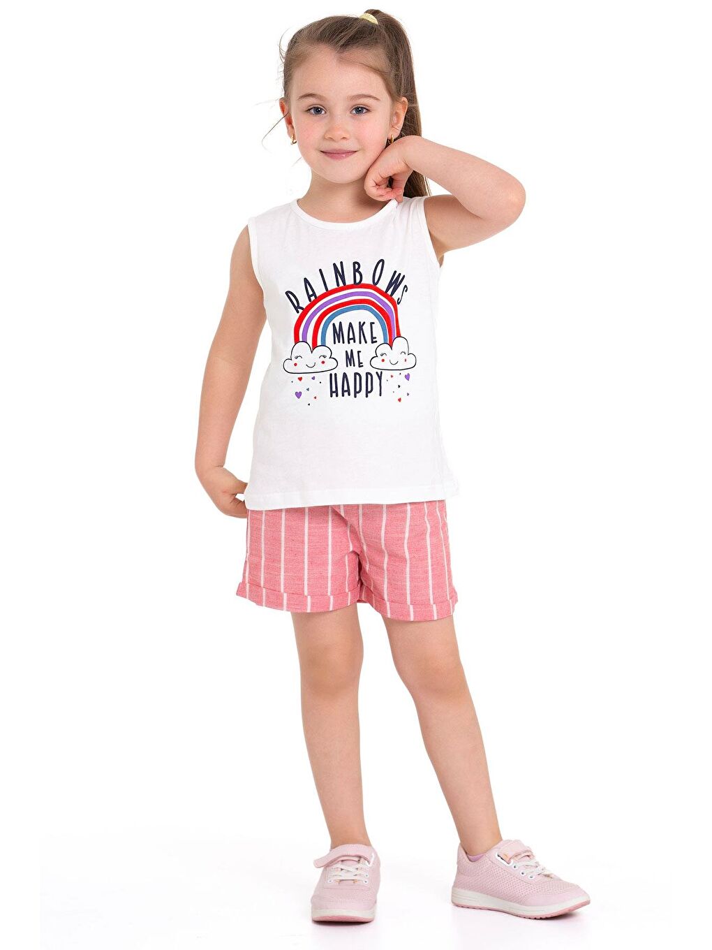 Lila Sıfır Kol Baskılı Çizgili Ekru Kırmızı Renk Kız Çocuk Şortlu Takım-3