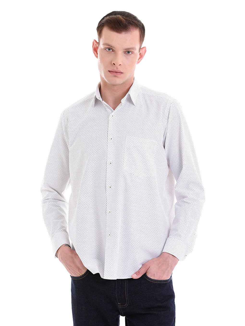 Yeşil Beyaz Slim Fit Baskılı Pamuklu Slim Yaka Uzun Kollu Klasik Gömlek