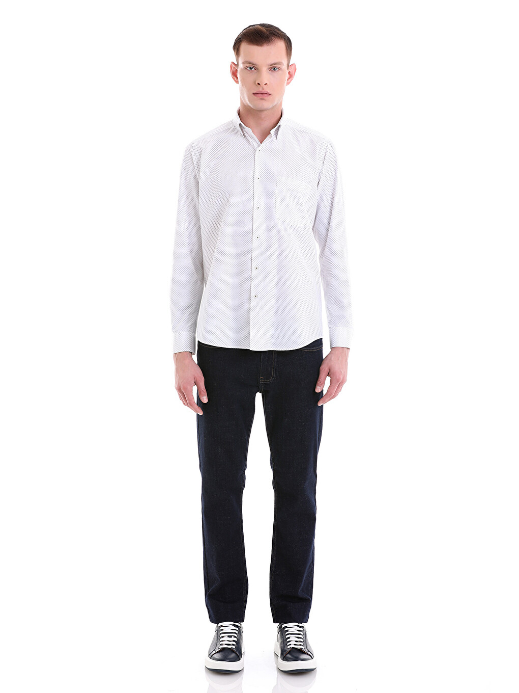 Yeşil Beyaz Slim Fit Baskılı Pamuklu Slim Yaka Uzun Kollu Klasik Gömlek-1