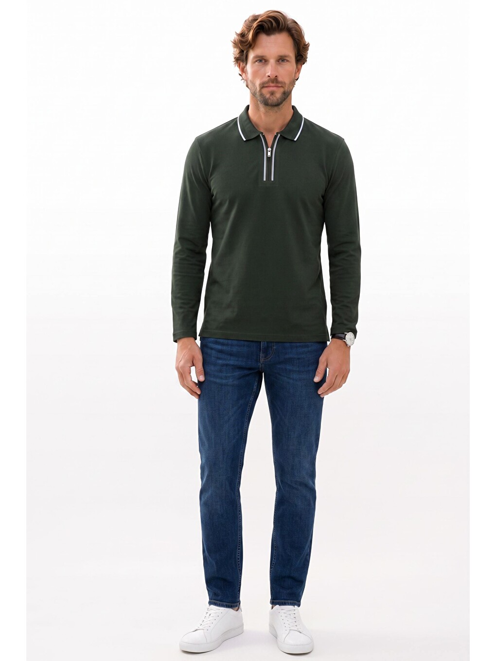 Erkek Slim Fit Dar Kesim %100 Pamuk Uzun Kollu Fermuarlı Haki Polo Yaka Tişört-1