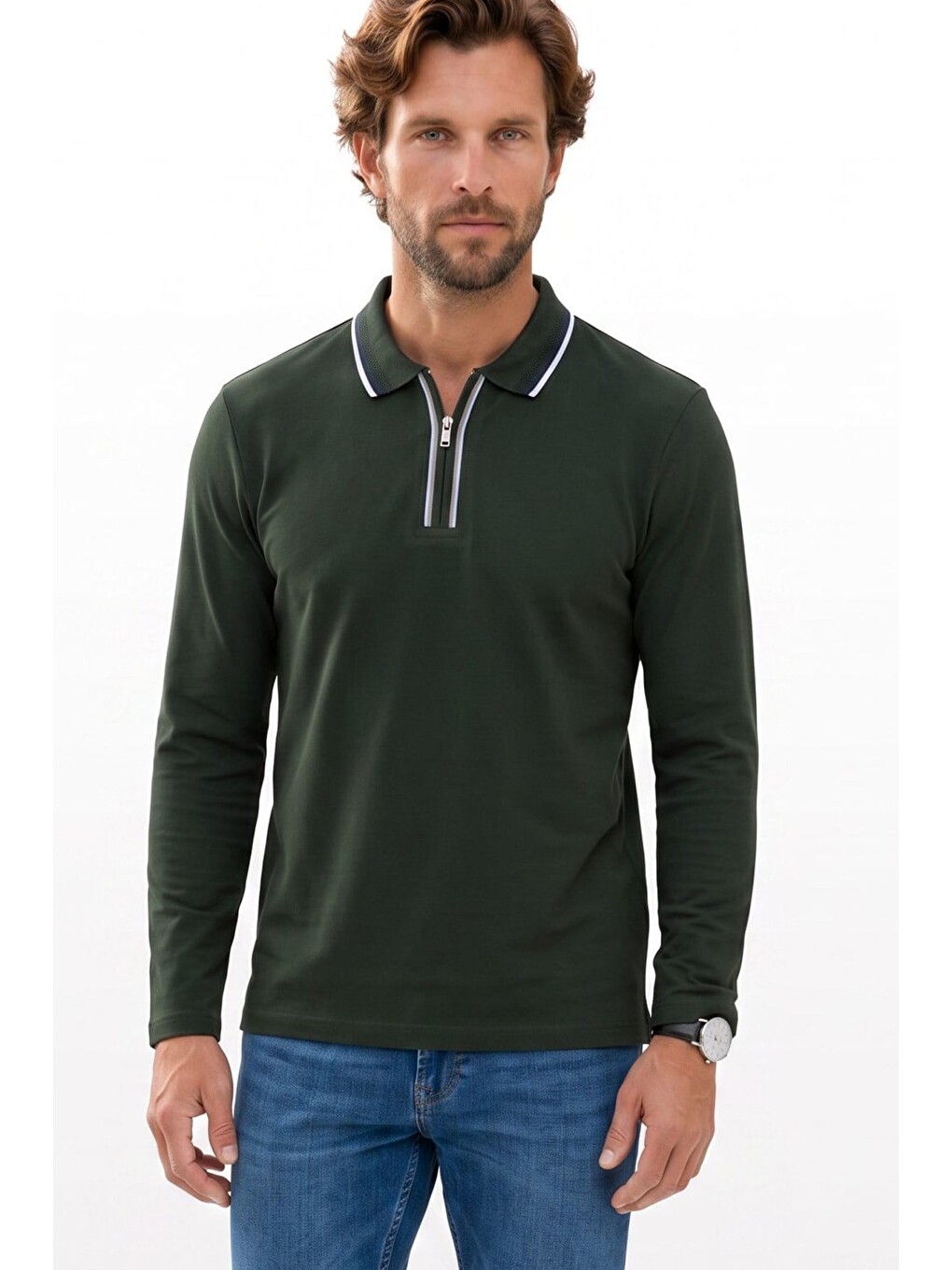 Erkek Slim Fit Dar Kesim %100 Pamuk Uzun Kollu Fermuarlı Haki Polo Yaka Tişört-2