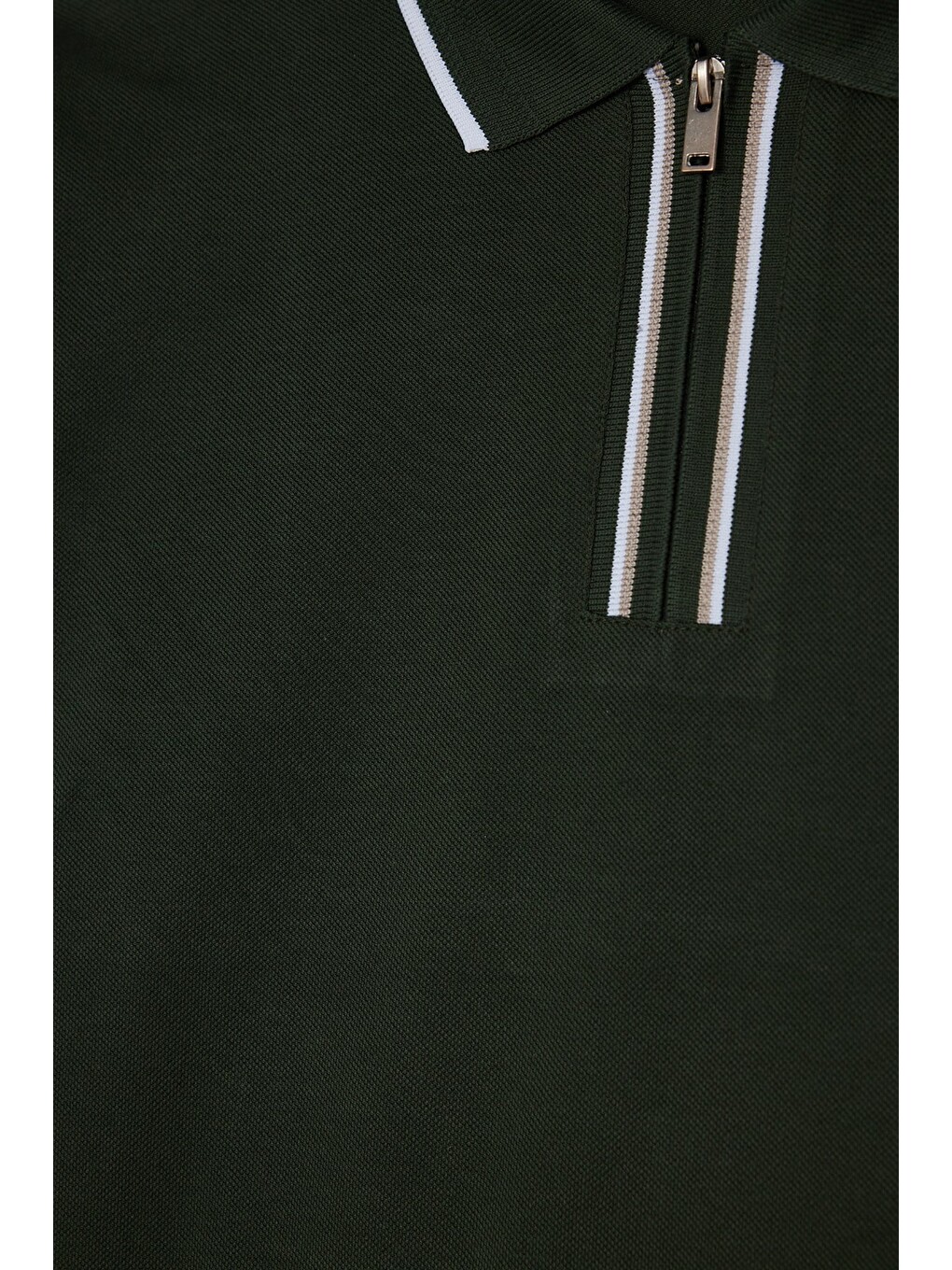 Erkek Slim Fit Dar Kesim %100 Pamuk Uzun Kollu Fermuarlı Haki Polo Yaka Tişört-4