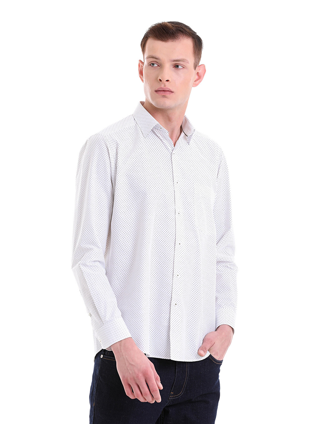 Yeşil Beyaz Slim Fit Baskılı Pamuklu Slim Yaka Uzun Kollu Klasik Gömlek-2
