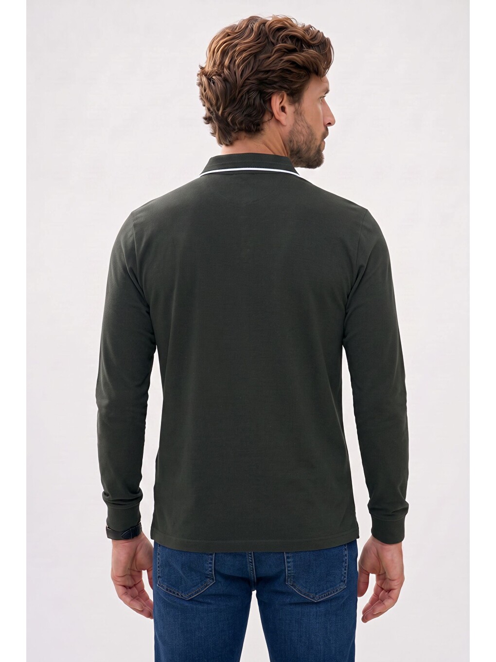 Erkek Slim Fit Dar Kesim %100 Pamuk Uzun Kollu Fermuarlı Haki Polo Yaka Tişört-5