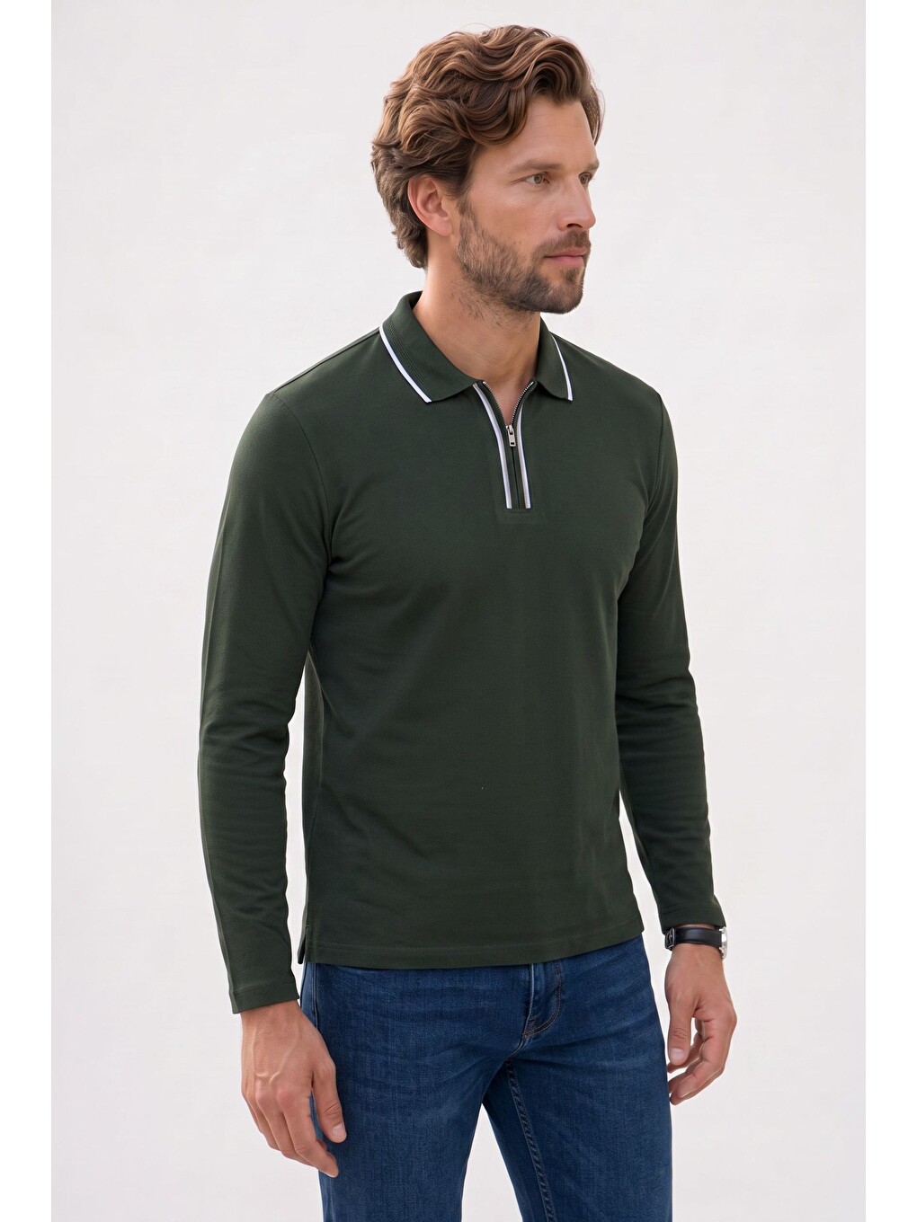 Erkek Slim Fit Dar Kesim %100 Pamuk Uzun Kollu Fermuarlı Haki Polo Yaka Tişört-6