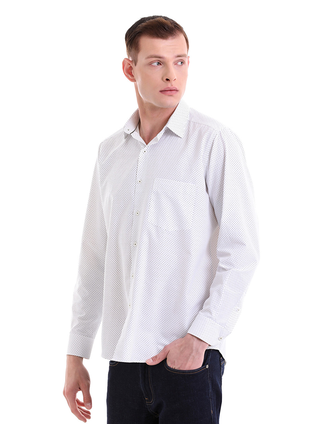 Yeşil Beyaz Slim Fit Baskılı Pamuklu Slim Yaka Uzun Kollu Klasik Gömlek-3