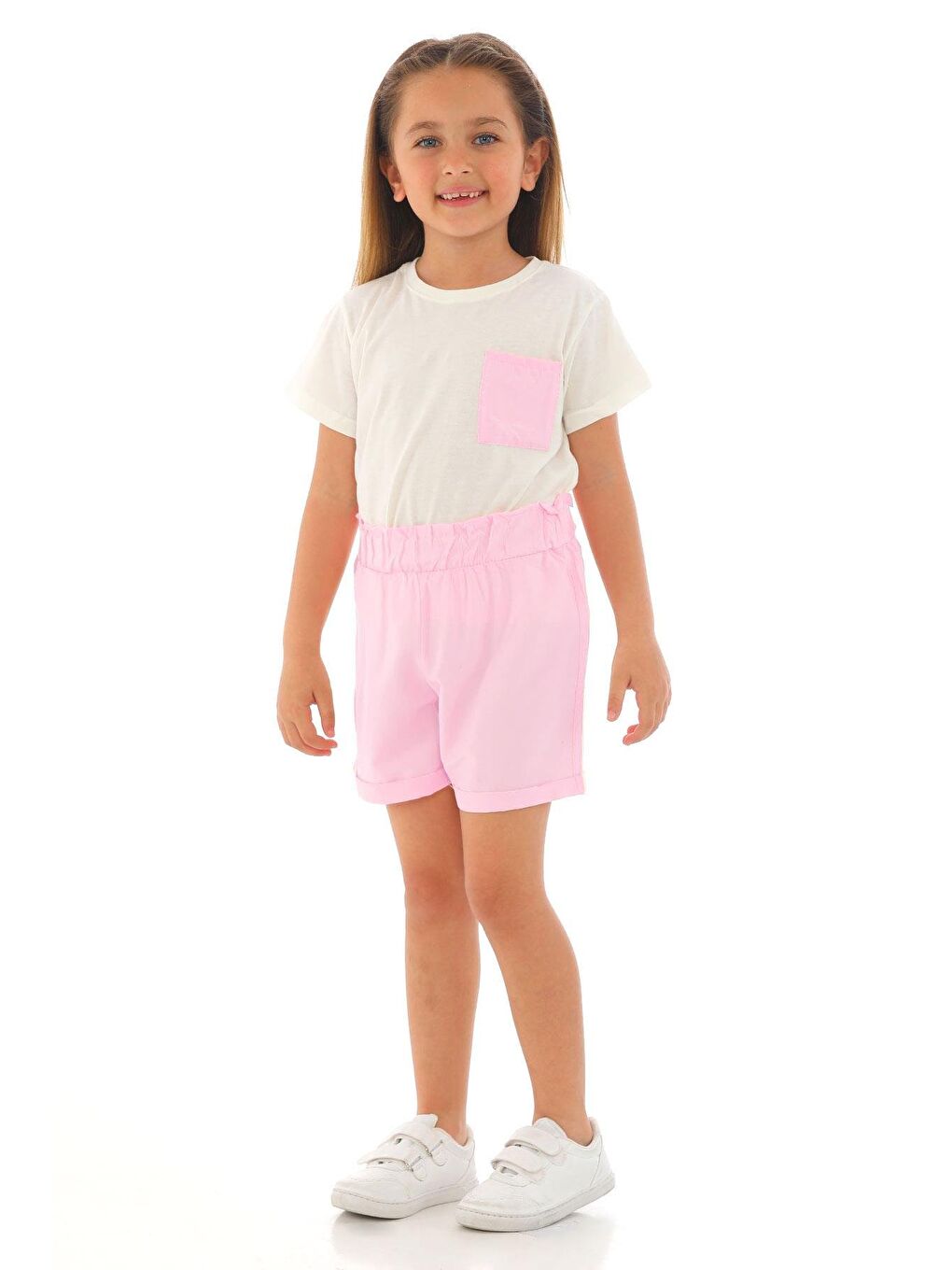 Kısa Kol Ön Cep Detaylı Ekru Pembe Renk Kız Çocuk Şortlu Takım