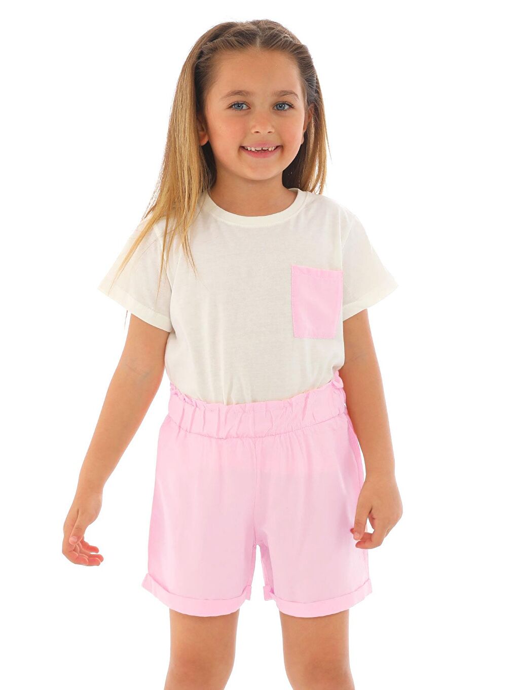 Kısa Kol Ön Cep Detaylı Ekru Pembe Renk Kız Çocuk Şortlu Takım-1
