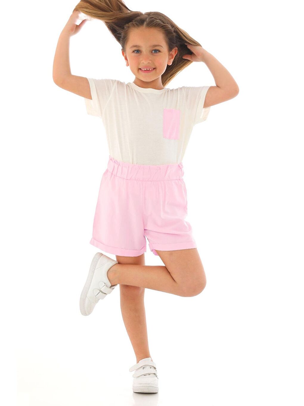 Kısa Kol Ön Cep Detaylı Ekru Pembe Renk Kız Çocuk Şortlu Takım-2
