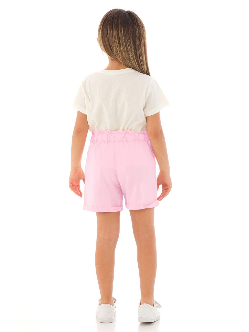 Kısa Kol Ön Cep Detaylı Ekru Pembe Renk Kız Çocuk Şortlu Takım-3
