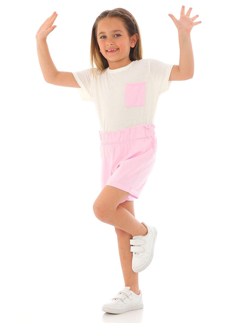 Kısa Kol Ön Cep Detaylı Ekru Pembe Renk Kız Çocuk Şortlu Takım-4
