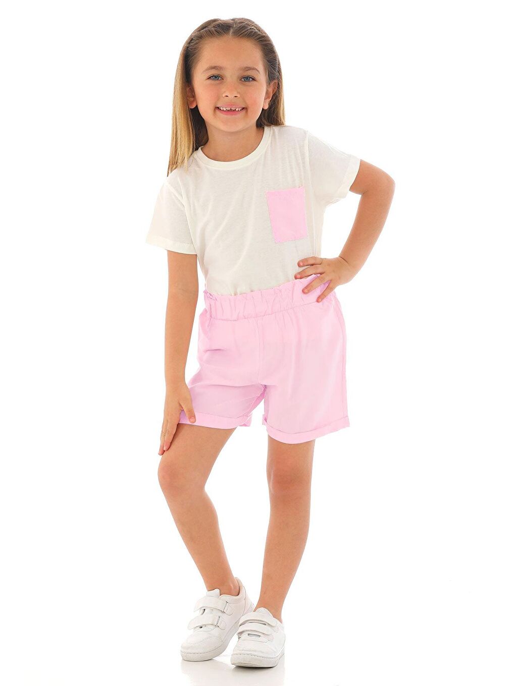 Kısa Kol Ön Cep Detaylı Ekru Pembe Renk Kız Çocuk Şortlu Takım-6