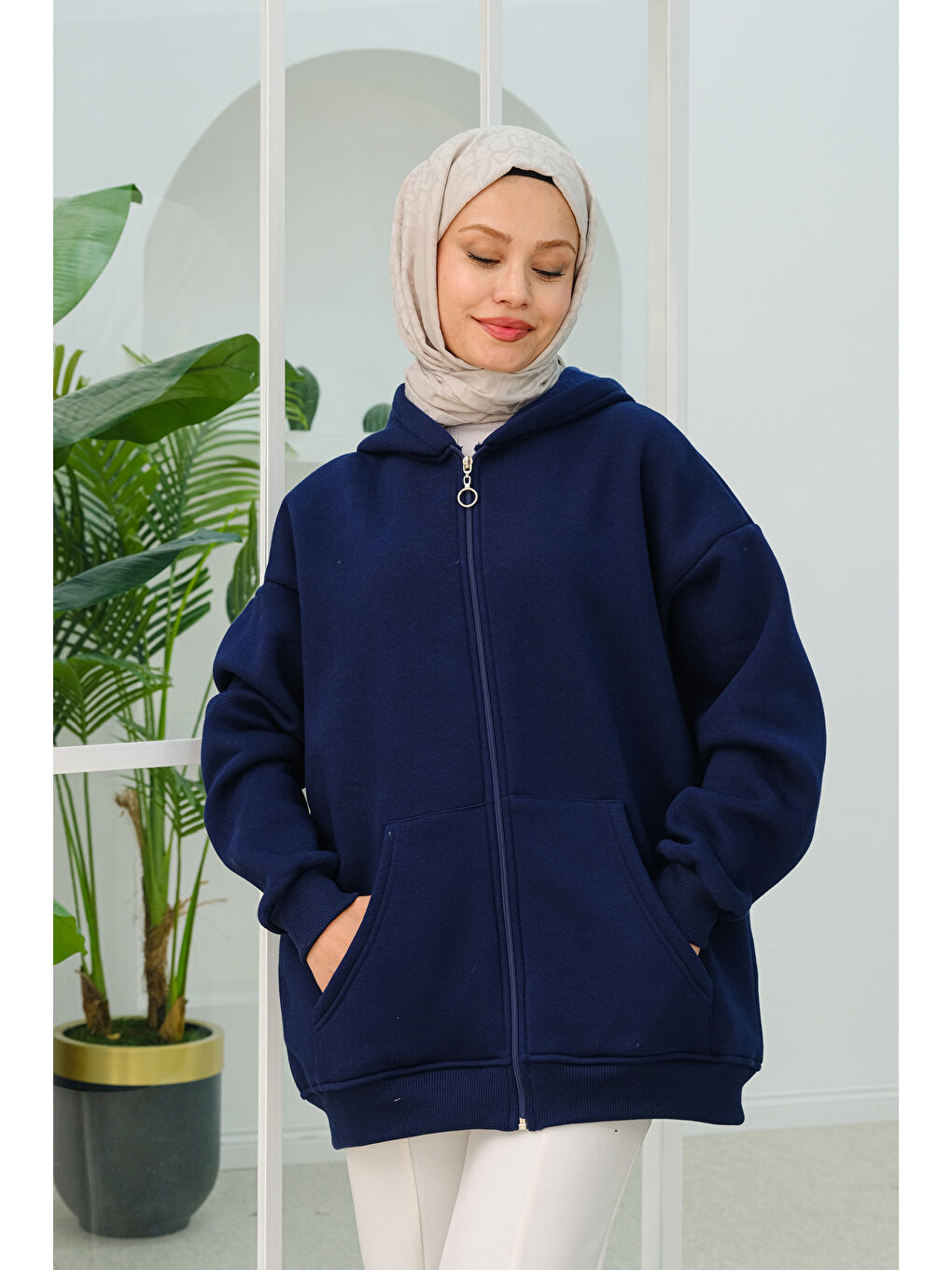 Locco Moda Kapüşonlu Oversize  Fermuarlı Sweatshirt  Lacivert