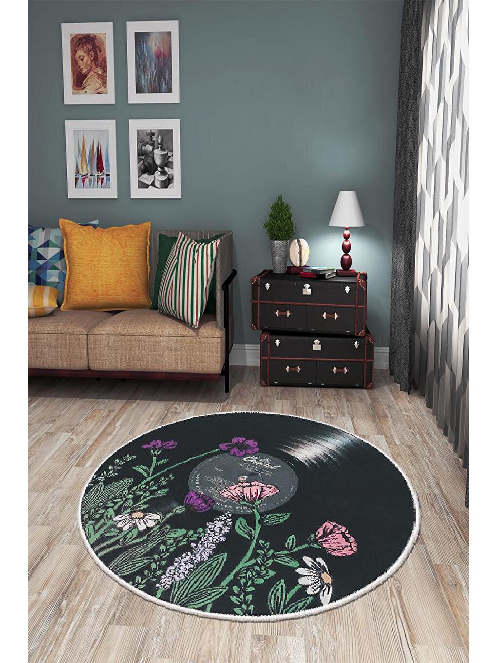 Siyah Dekoratif Özel Tasarım Yıkanabilir, Modern Halı  180 x 180 cm-1