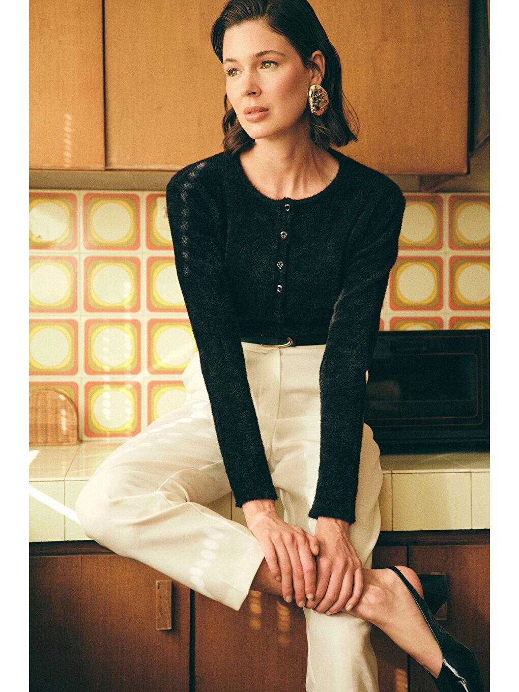 Düğmeli Sakallı Hırka - Siyah