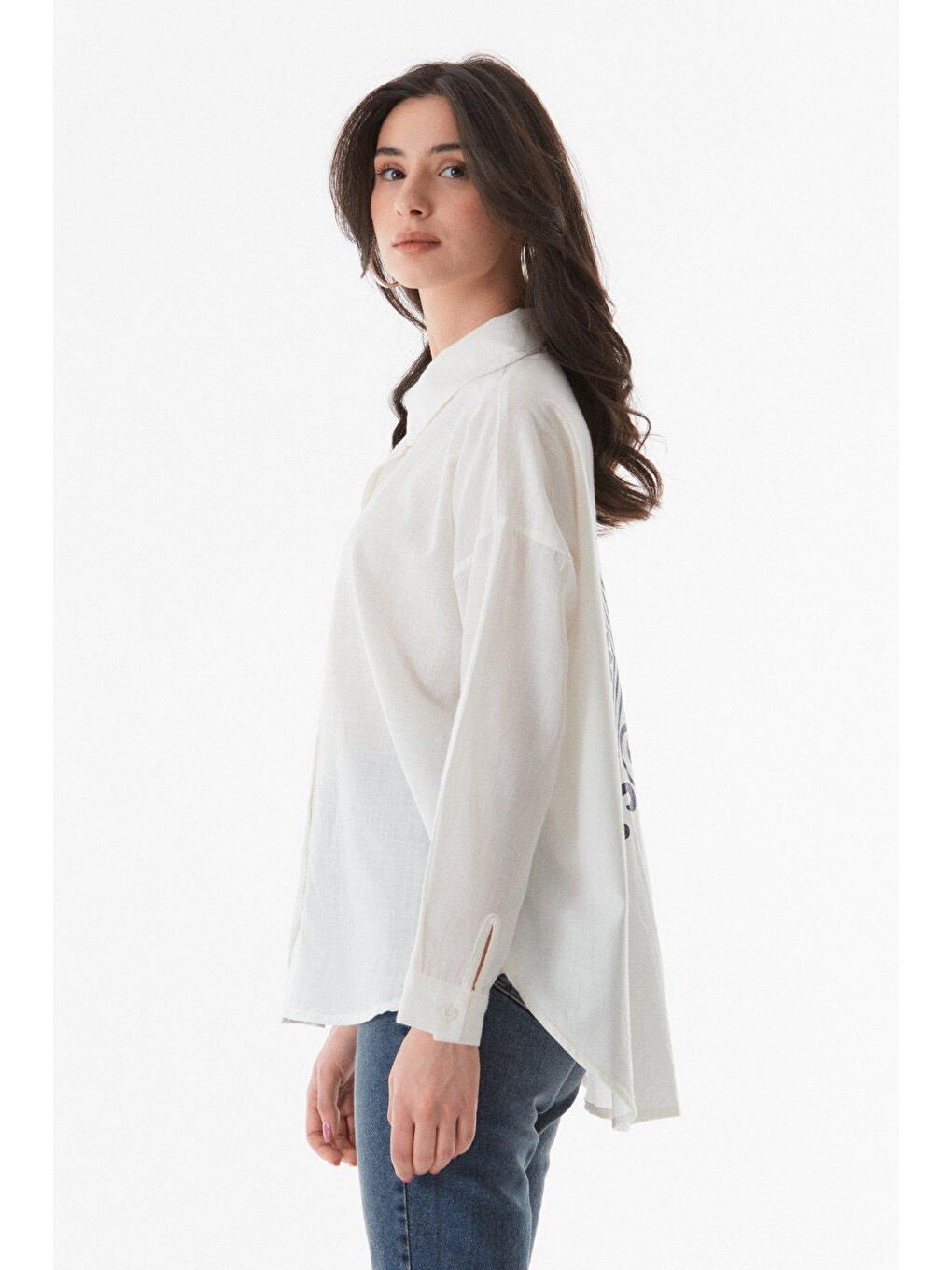 Ekru Arkası Baskılı Taşlı Salaş Gömlek-4
