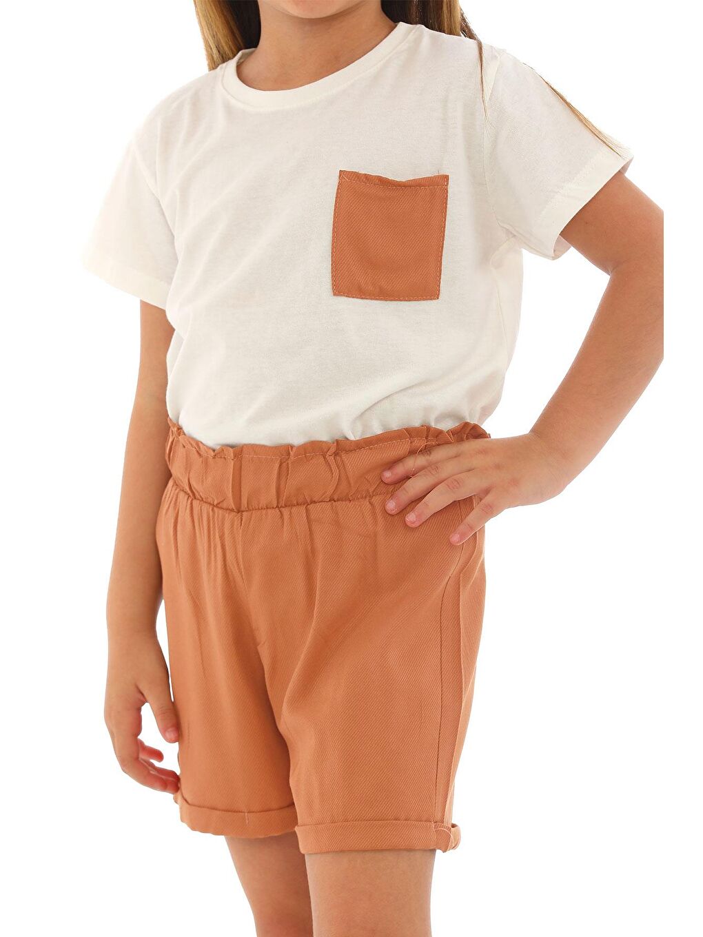 Lila Kısa Kol Ön Cep Detaylı Ekru Kahve Renk Kız Çocuk Şortlu Takım-1