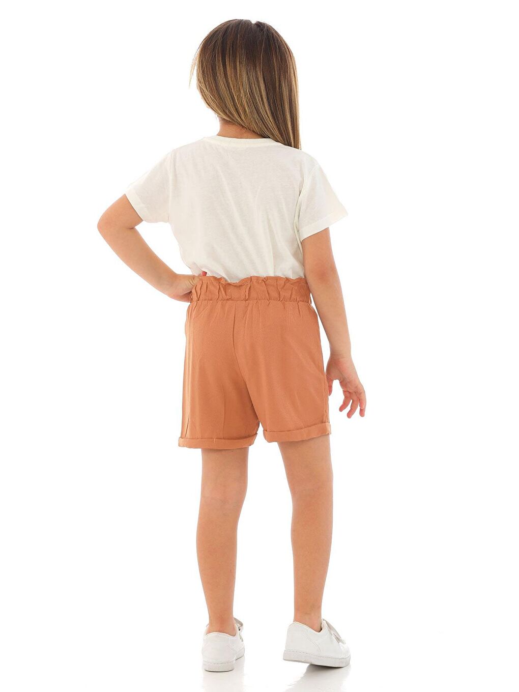 Lila Kısa Kol Ön Cep Detaylı Ekru Kahve Renk Kız Çocuk Şortlu Takım-3