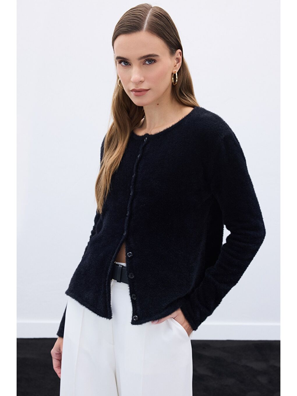 Düğmeli Sakallı Hırka - Siyah-2