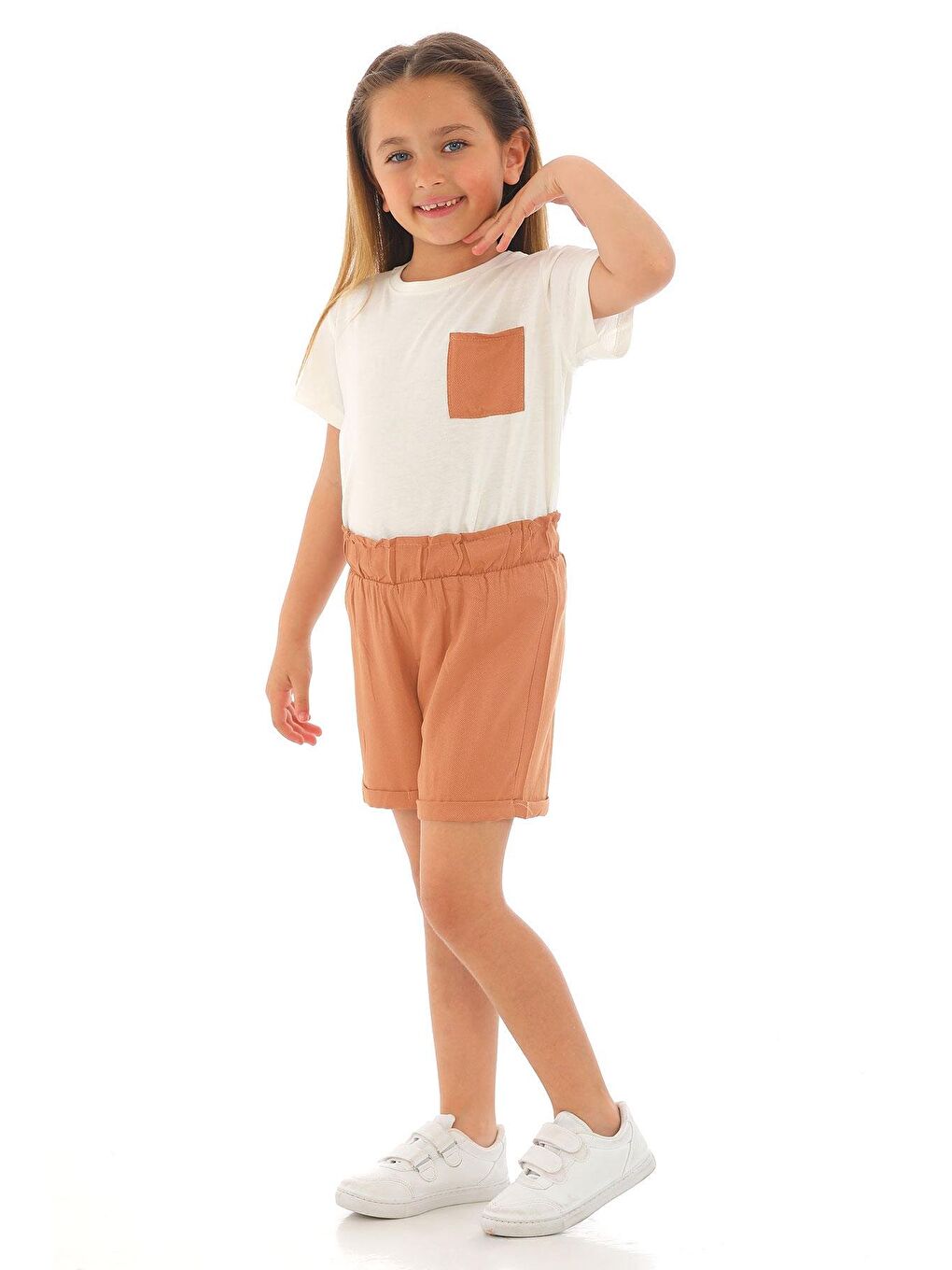 Lila Kısa Kol Ön Cep Detaylı Ekru Kahve Renk Kız Çocuk Şortlu Takım-5
