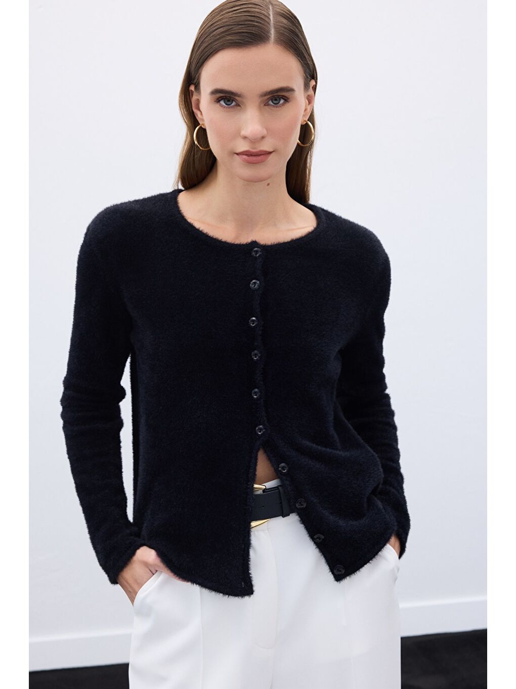 Düğmeli Sakallı Hırka - Siyah-3