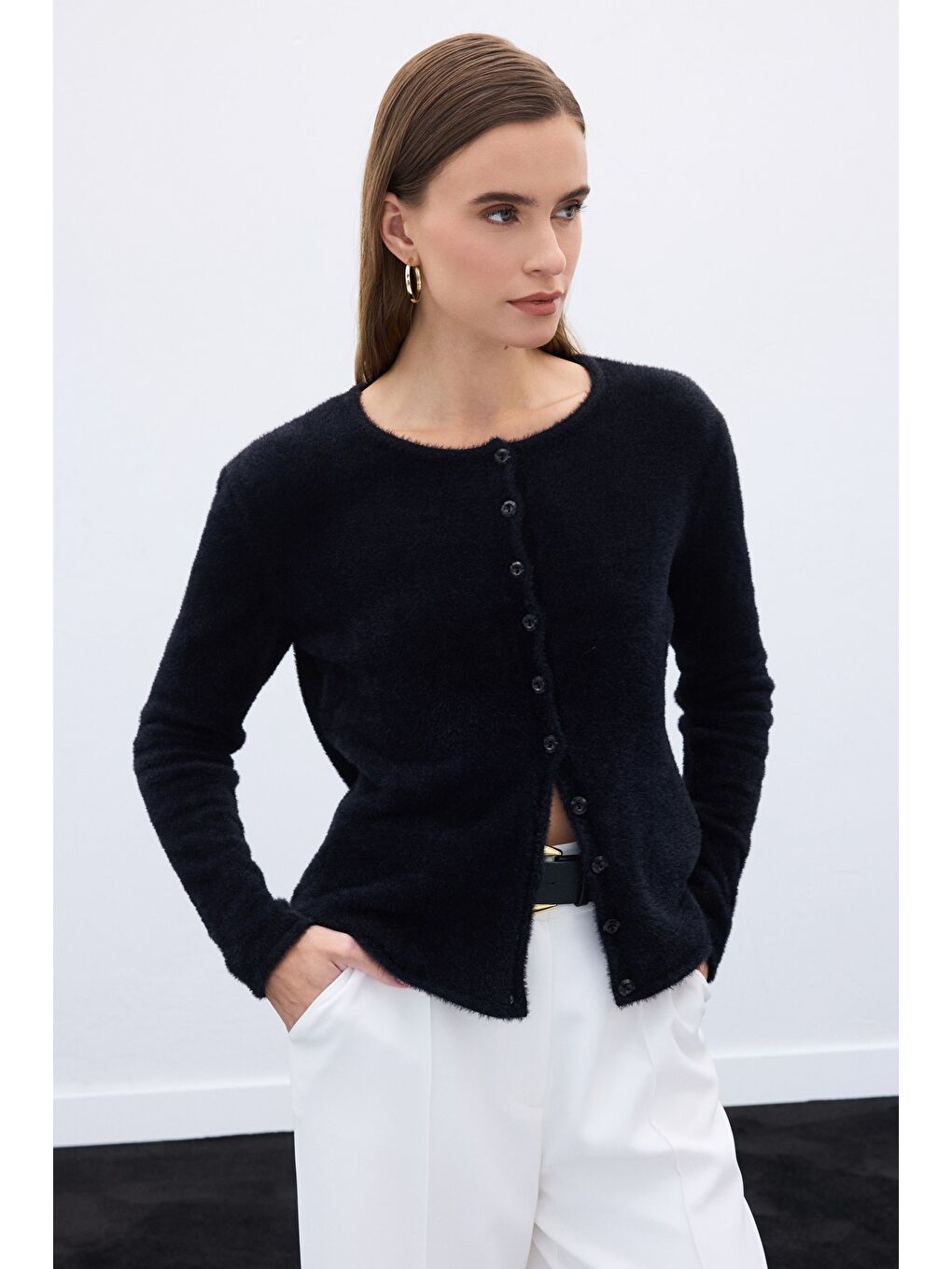 Düğmeli Sakallı Hırka - Siyah-4