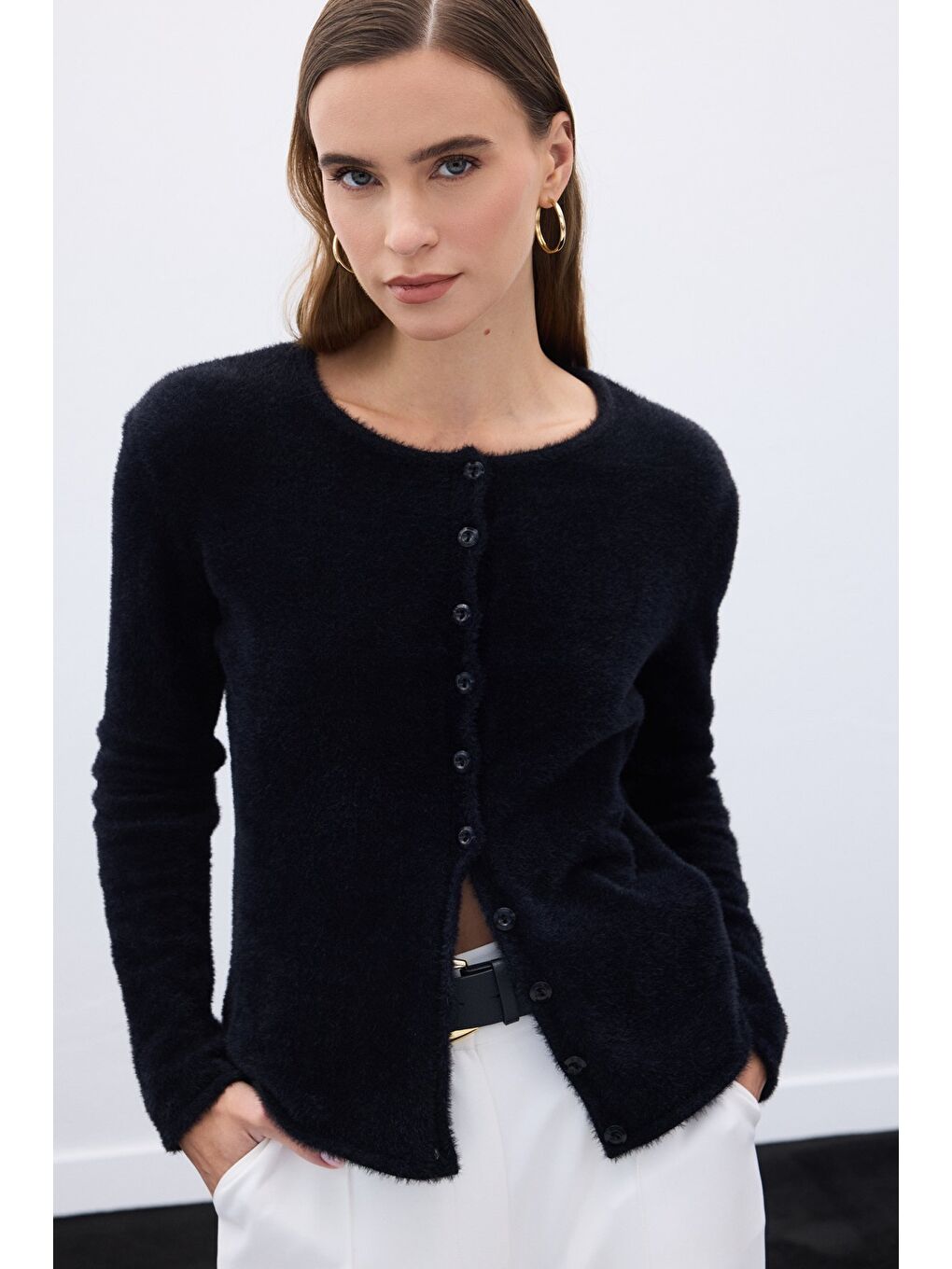 Düğmeli Sakallı Hırka - Siyah-5