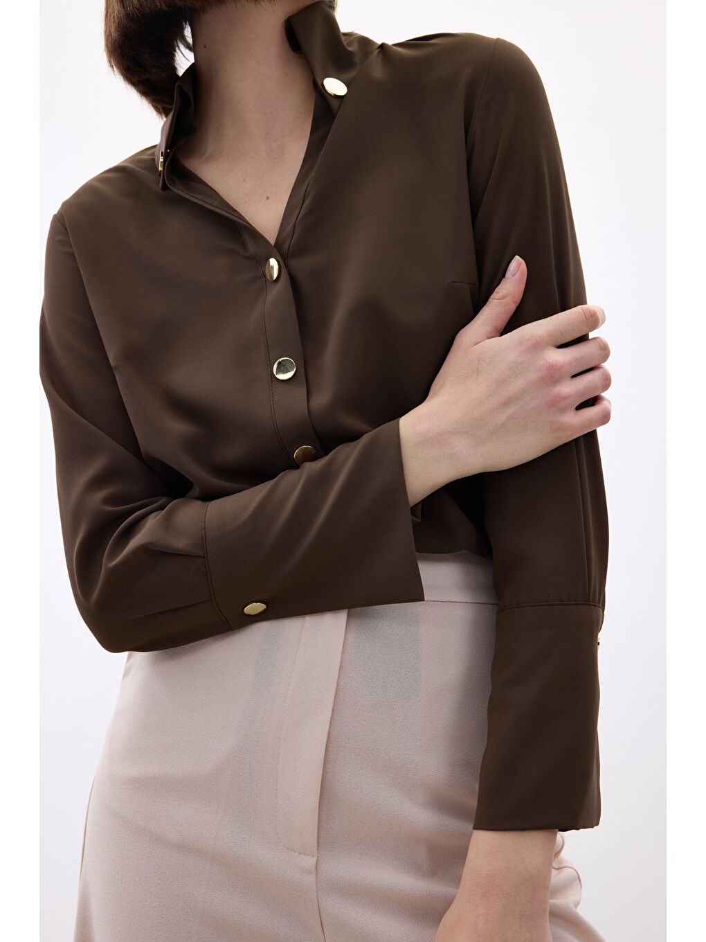 Kahverengi Çıt Çıt Detaylı Gömlek - Kahve-5