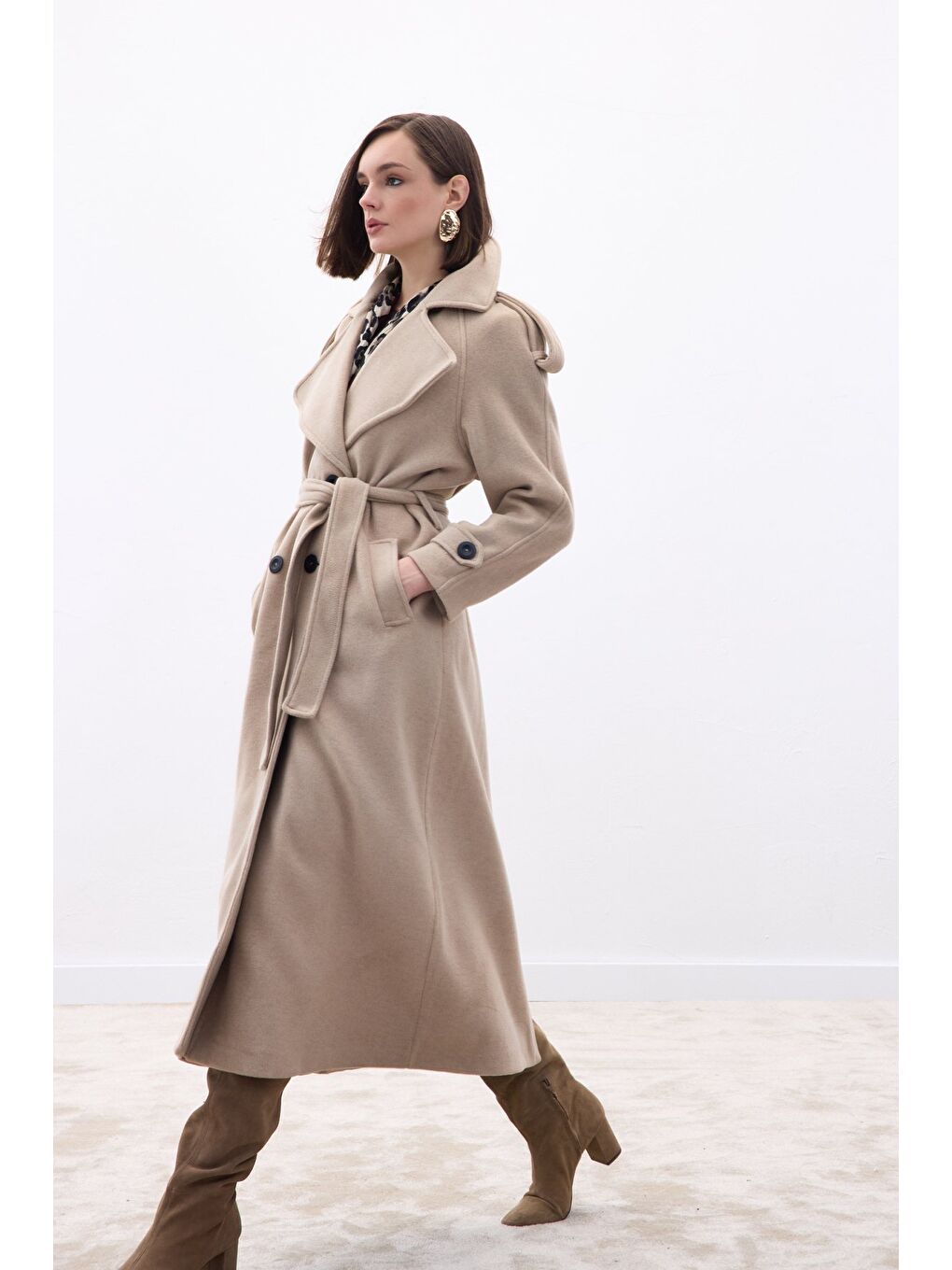 Geniş Yaka Uzun Kaban - Bej-2