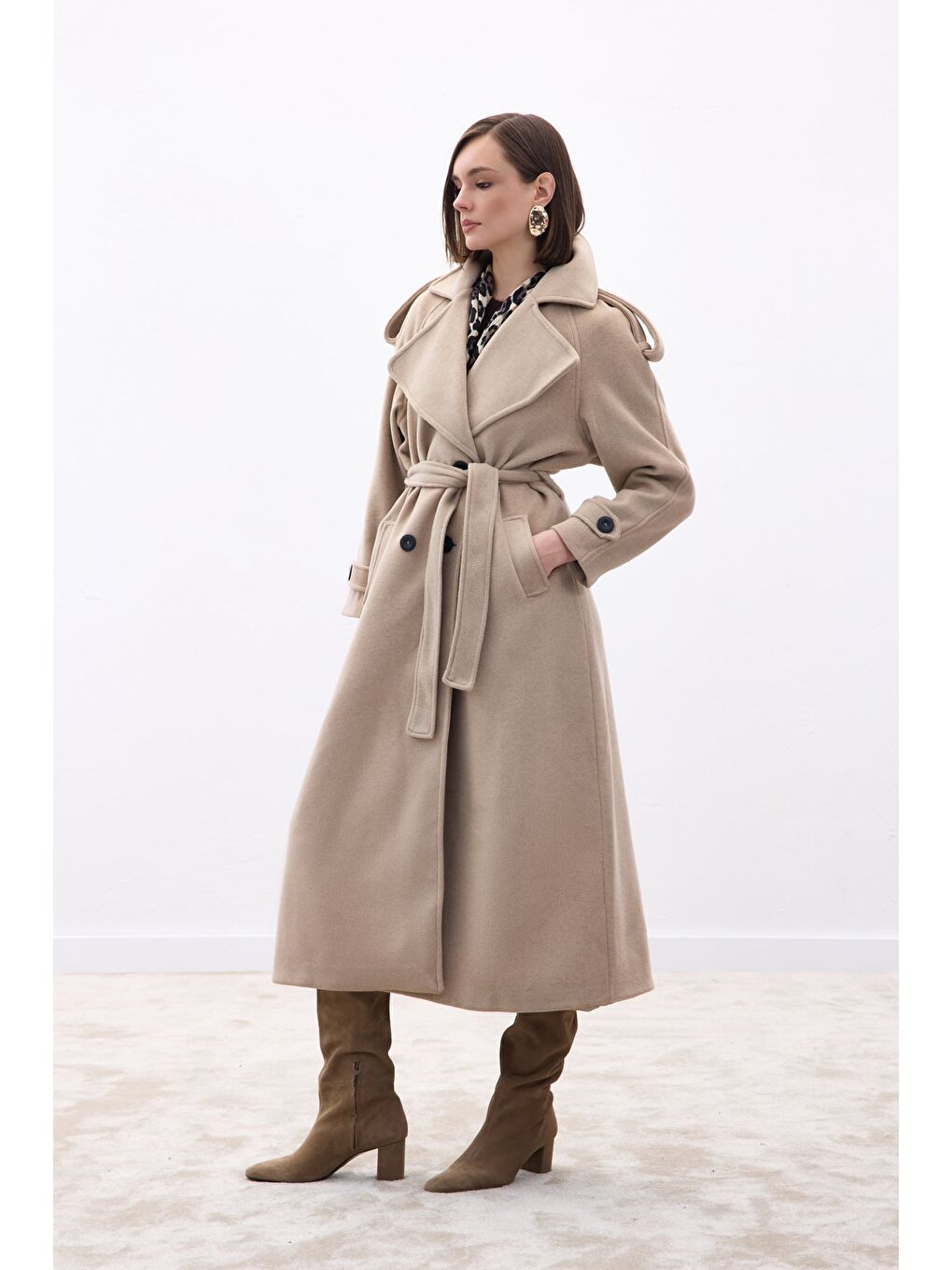 Geniş Yaka Uzun Kaban - Bej-3