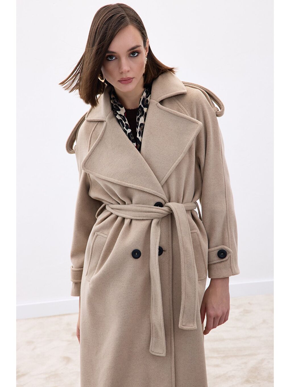 Geniş Yaka Uzun Kaban - Bej-4