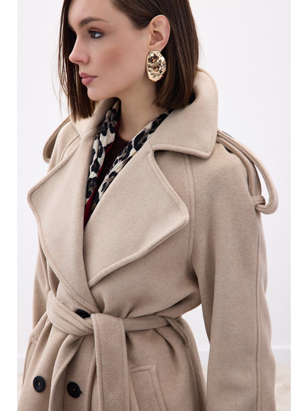 Geniş Yaka Uzun Kaban - Bej-5