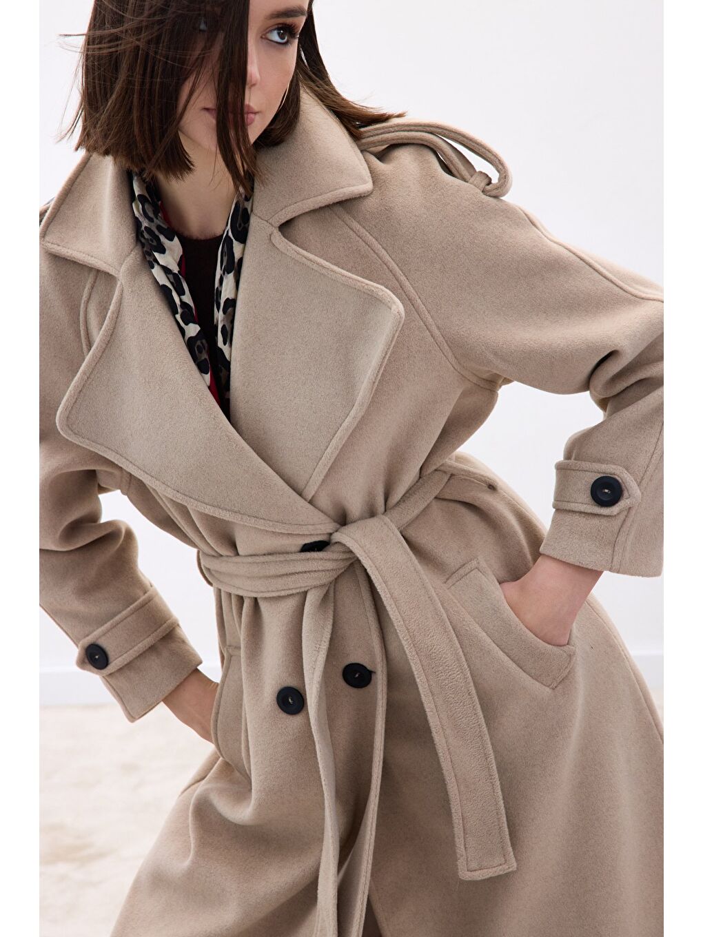 Geniş Yaka Uzun Kaban - Bej-6