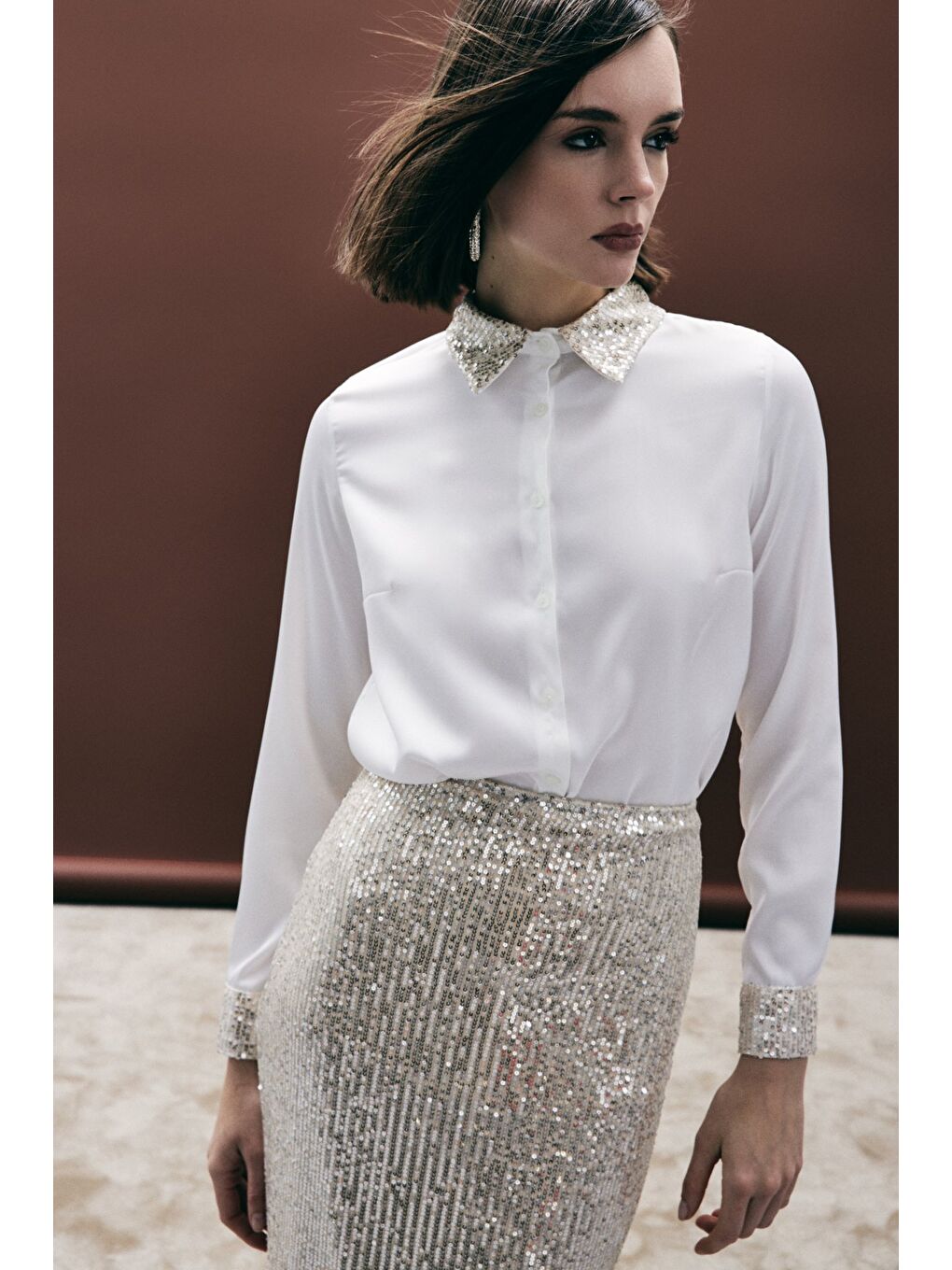 Payet Detaylı Saten Gömlek - Bej