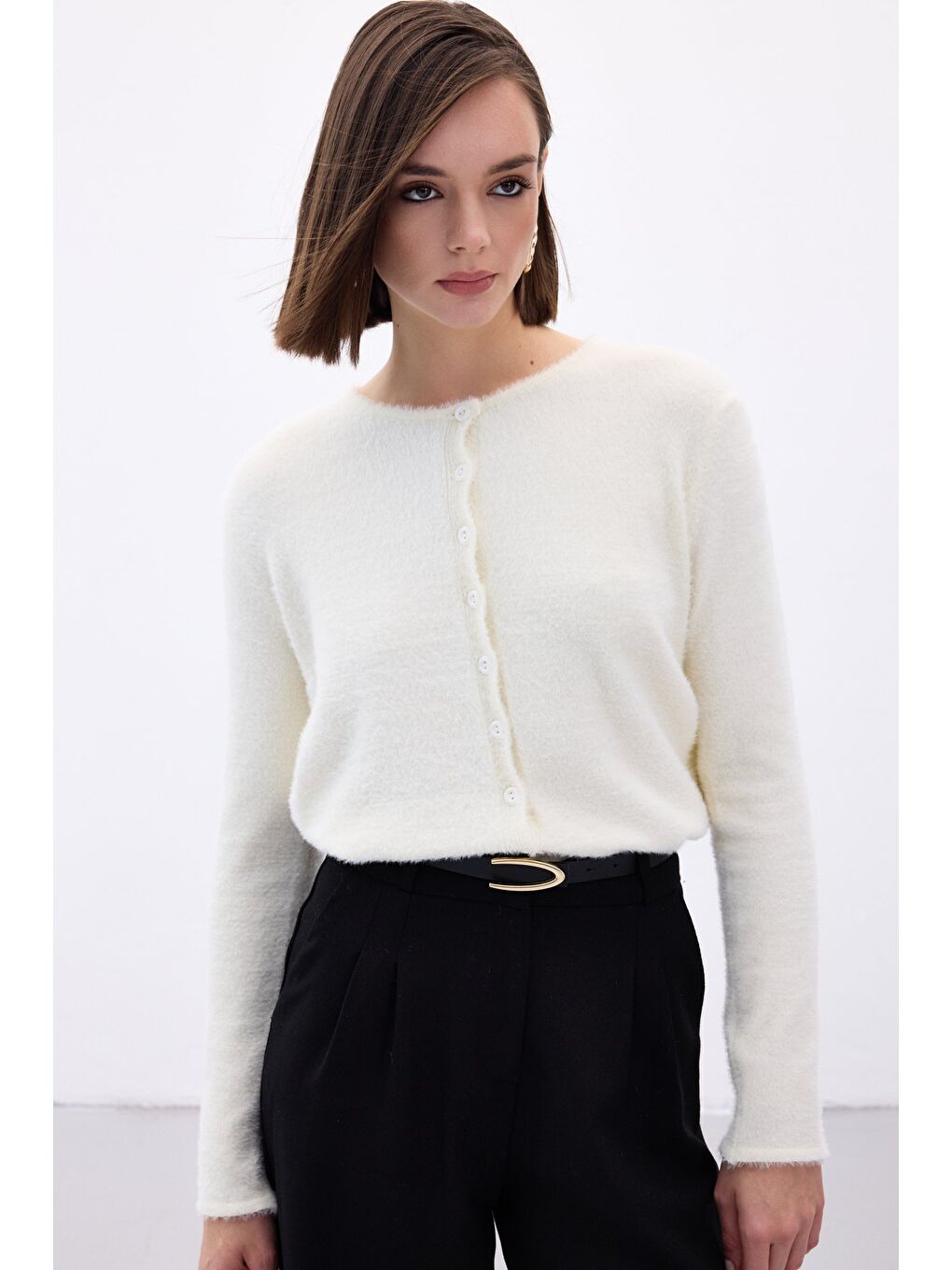 Düğmeli Sakallı Hırka - Ekru-6