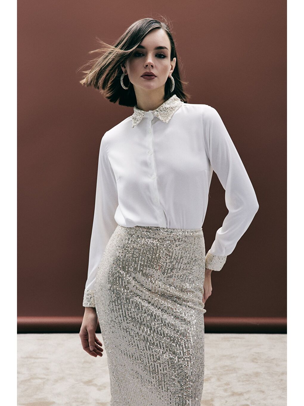 Payet Detaylı Saten Gömlek - Bej-2