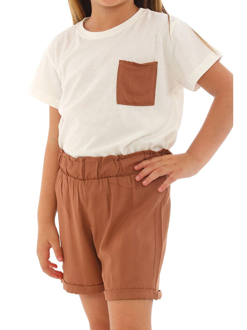 Gri Kısa Kol Ön Cep Detaylı Ekru Kiremit Renk Kız Çocuk Şortlu Takım-2