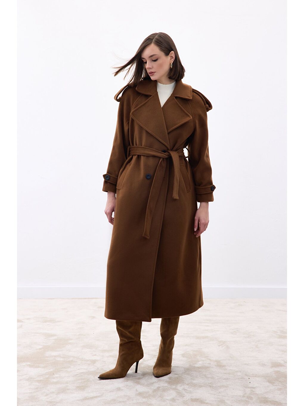 Kahverengi Geniş Yaka Uzun Kaban - Kahve-1
