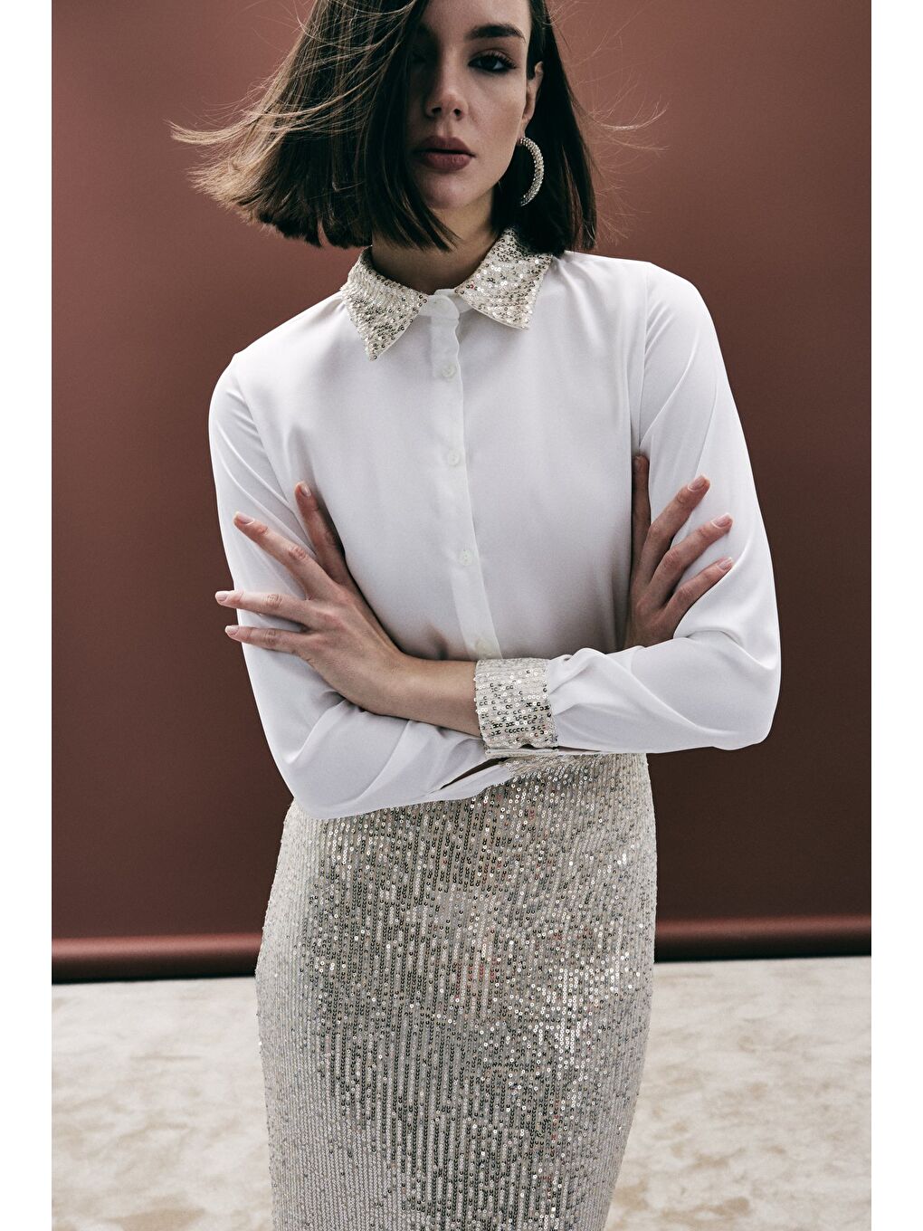 Payet Detaylı Saten Gömlek - Bej-3