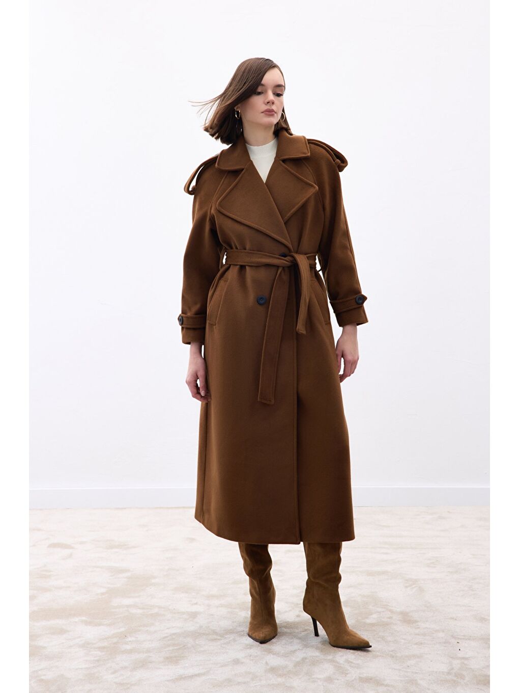 Kahverengi Geniş Yaka Uzun Kaban - Kahve-2