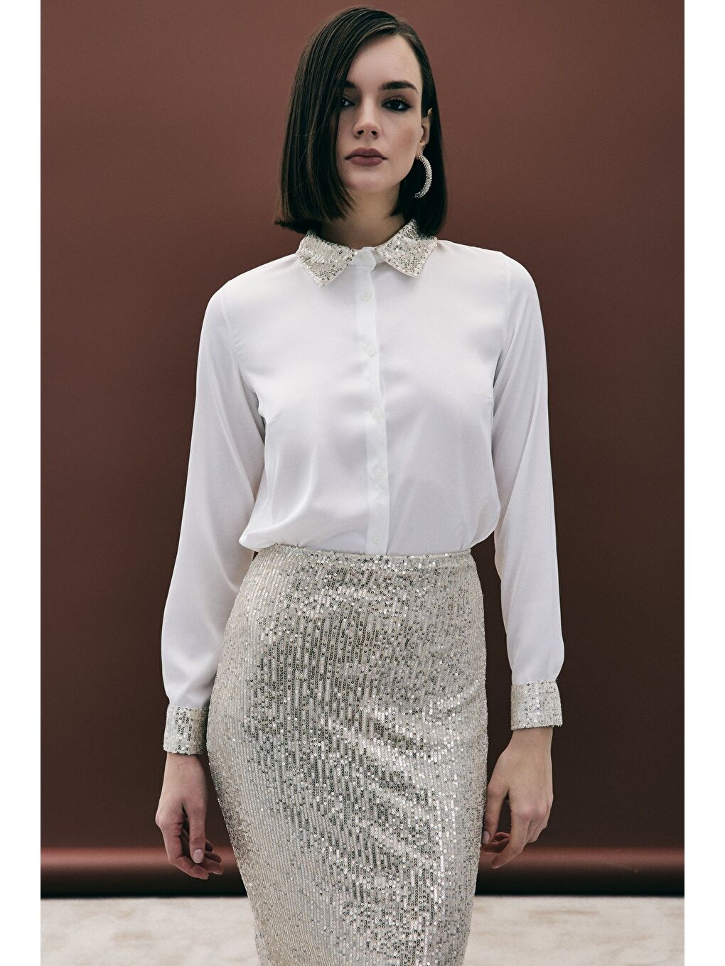 Payet Detaylı Saten Gömlek - Bej-4