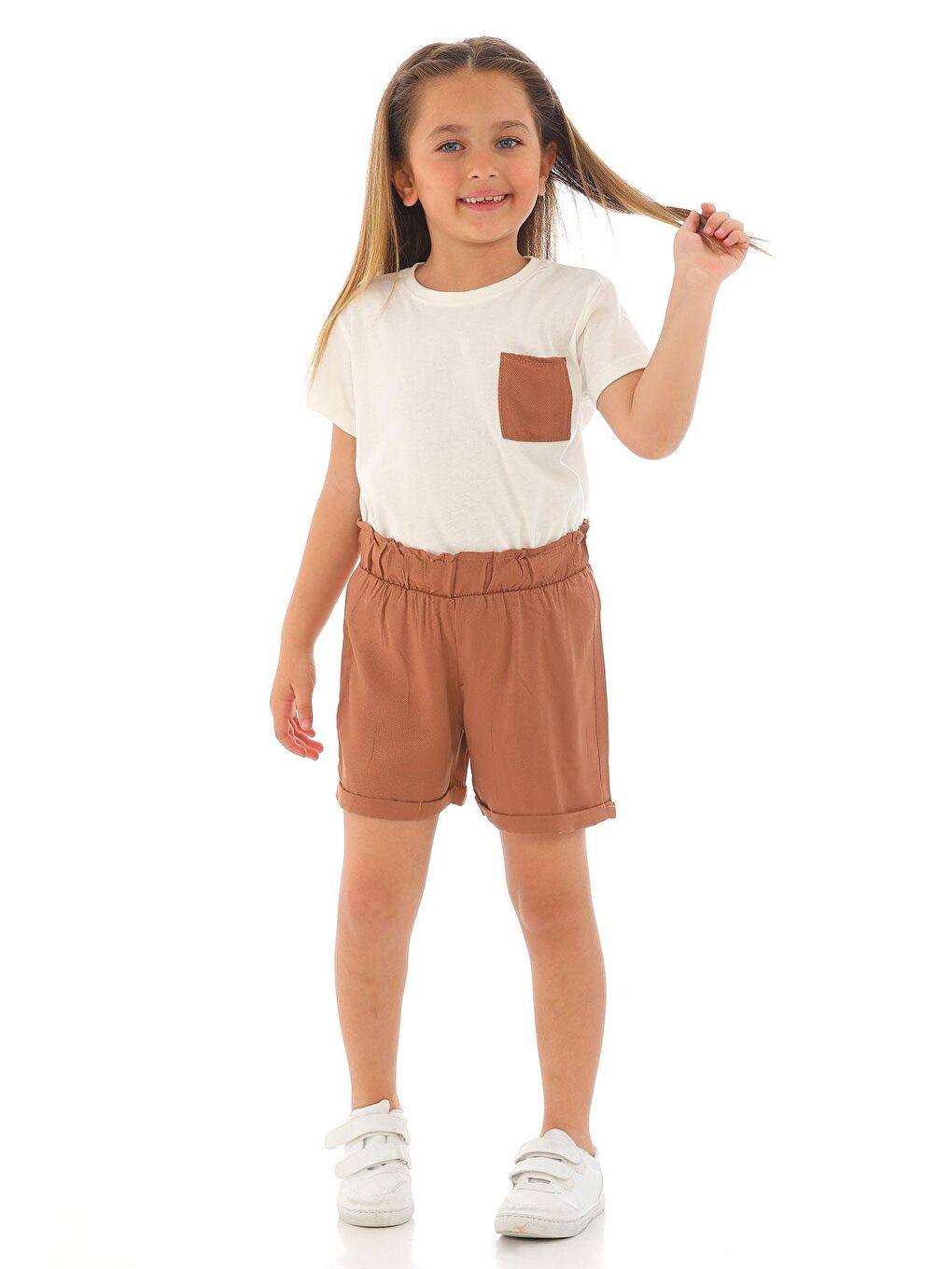 Gri Kısa Kol Ön Cep Detaylı Ekru Kiremit Renk Kız Çocuk Şortlu Takım-5