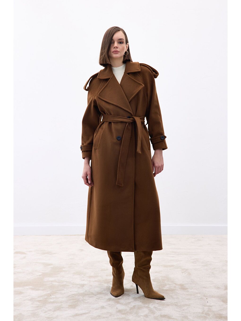 Kahverengi Geniş Yaka Uzun Kaban - Kahve-3