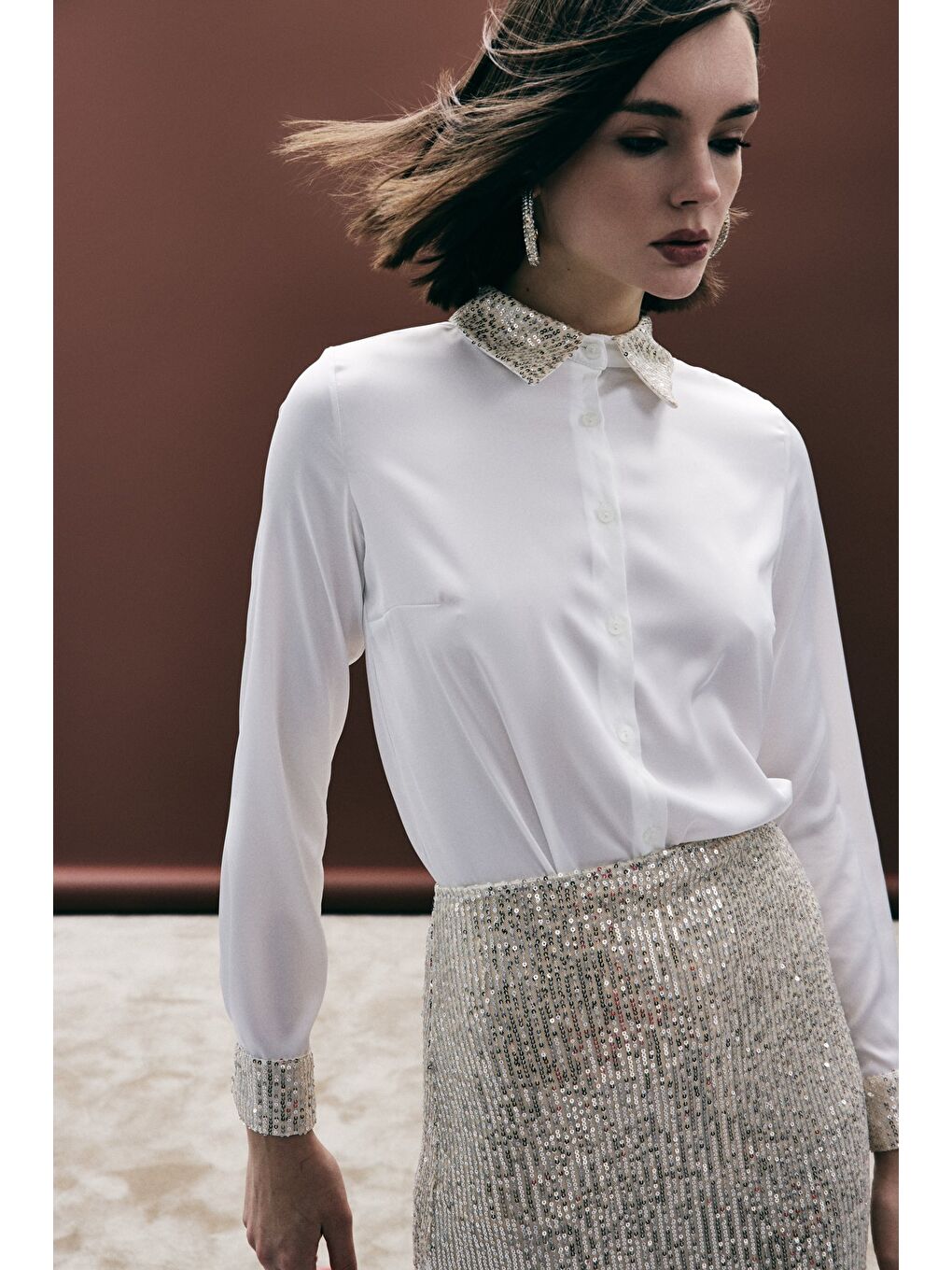 Payet Detaylı Saten Gömlek - Bej-5