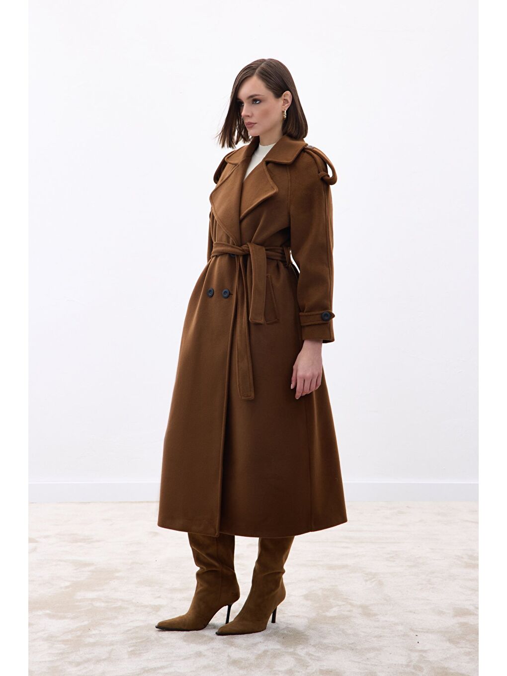 Kahverengi Geniş Yaka Uzun Kaban - Kahve-4