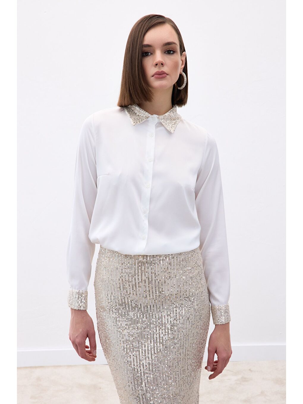 Payet Detaylı Saten Gömlek - Bej-6