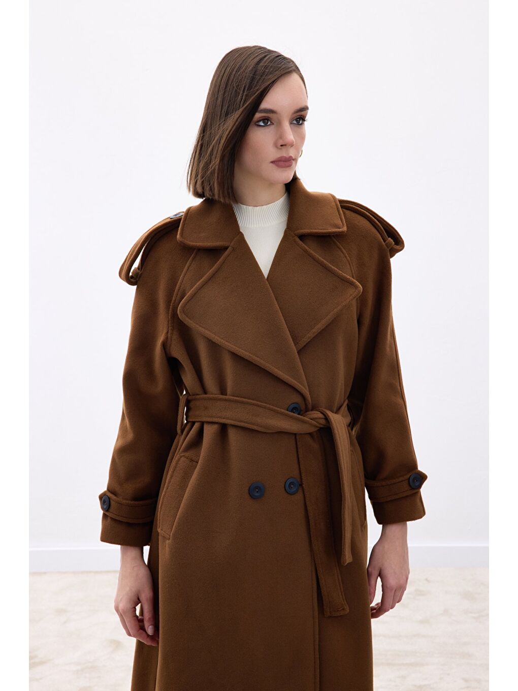 Kahverengi Geniş Yaka Uzun Kaban - Kahve-5