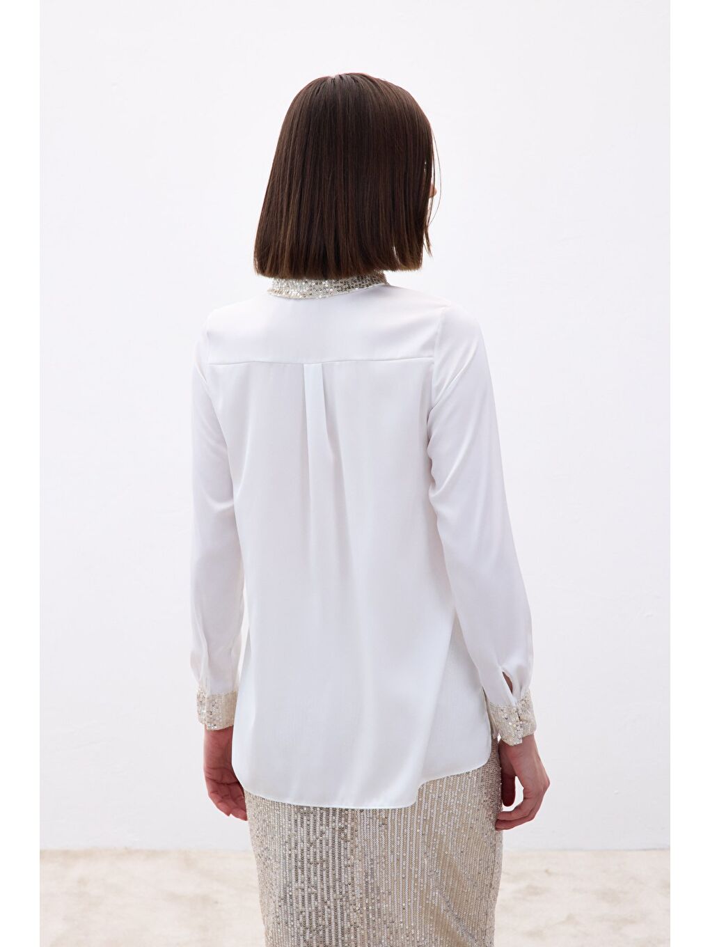 Payet Detaylı Saten Gömlek - Bej-7