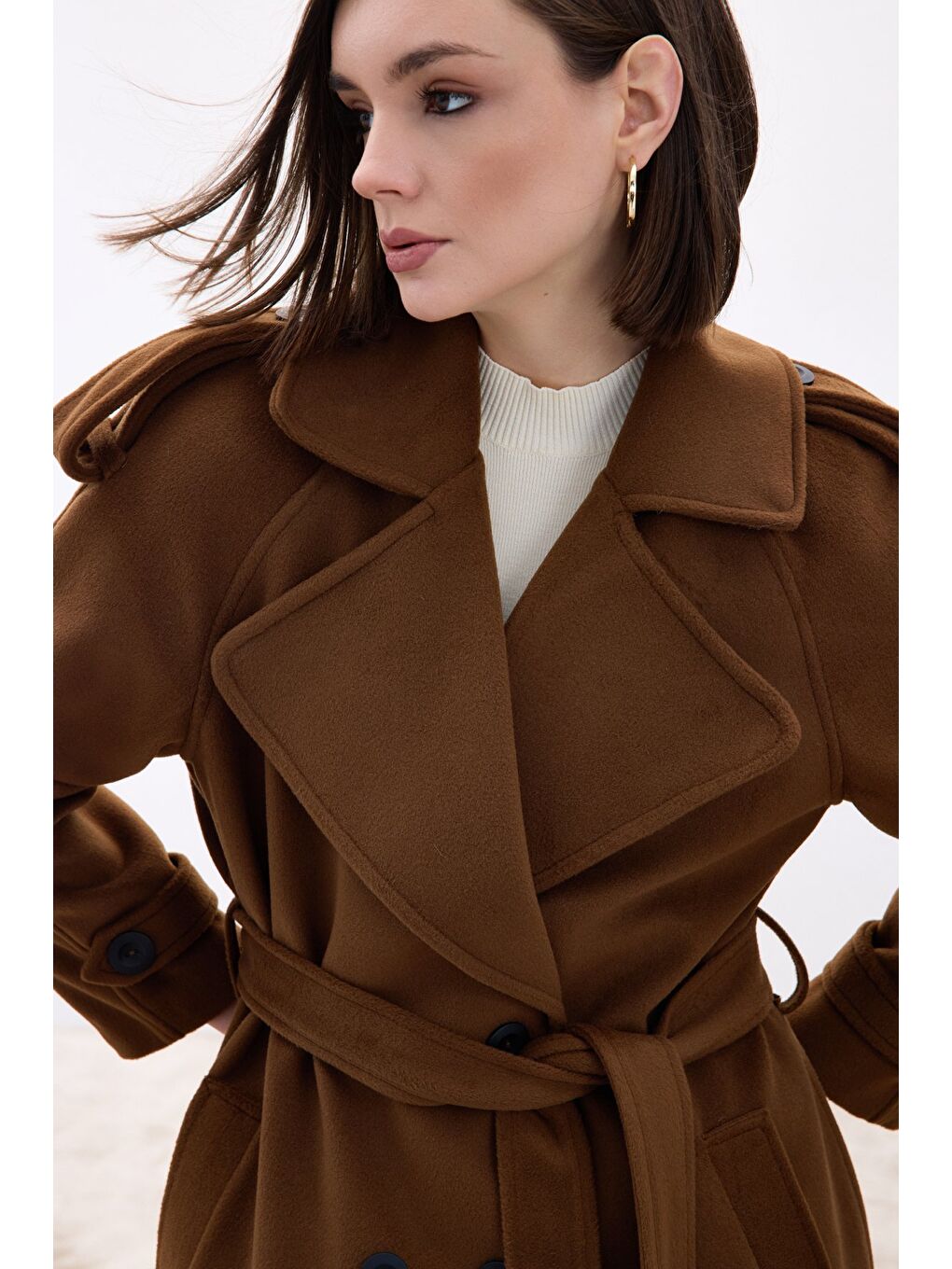 Kahverengi Geniş Yaka Uzun Kaban - Kahve-6